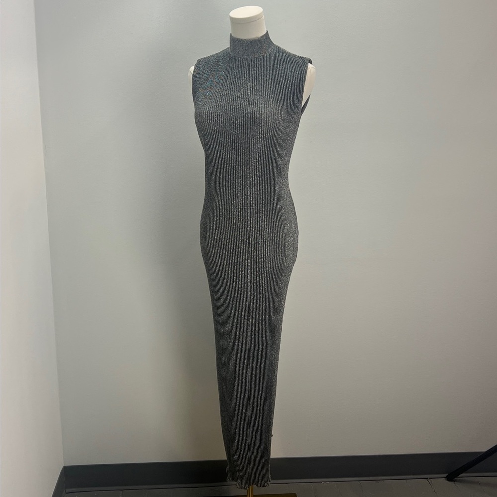 Vintage Ruth Walter Maxi Dress Black Silver Metallic Mock Neck Formal Stretchy - Picture 1 of 9